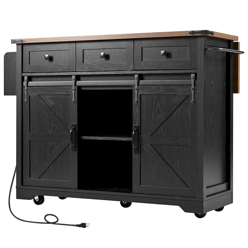 K&K Farmhouse Kitchen Island with Power Outlet, 2 Sliding Barn Door Kitchen Storage Island with Drop Leaf and Spice Rack