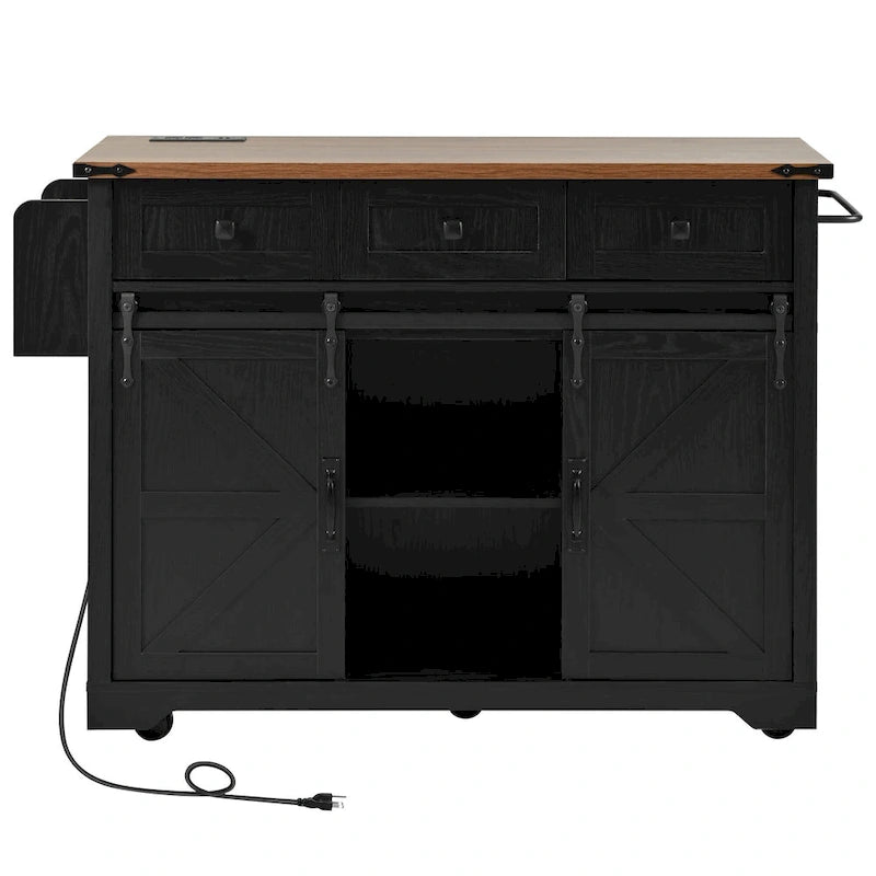 K&K Farmhouse Kitchen Island with Power Outlet, 2 Sliding Barn Door Kitchen Storage Island with Drop Leaf and Spice Rack