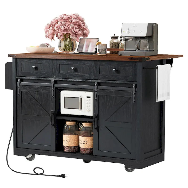 K&K Farmhouse Kitchen Island with Power Outlet, 2 Sliding Barn Door Kitchen Storage Island with Drop Leaf and Spice Rack