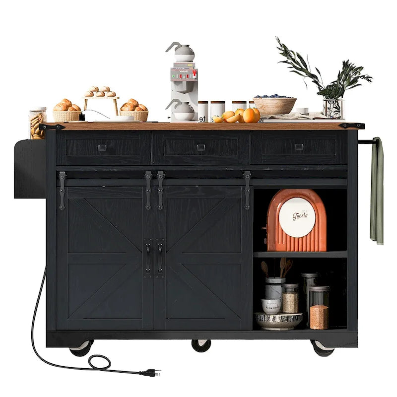 K&K Farmhouse Kitchen Island with Power Outlet, 2 Sliding Barn Door Kitchen Storage Island with Drop Leaf and Spice Rack