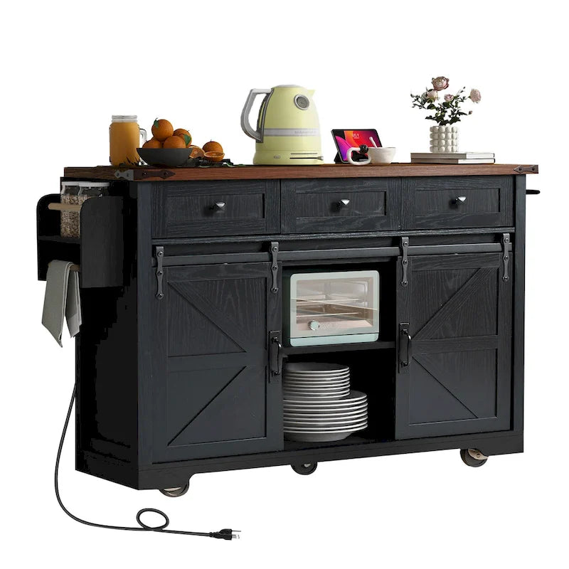 K&K Farmhouse Kitchen Island with Power Outlet, 2 Sliding Barn Door Kitchen Storage Island with Drop Leaf and Spice Rack