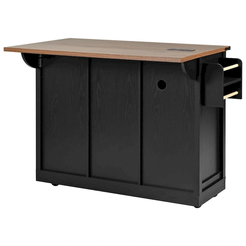K&K Farmhouse Kitchen Island with Power Outlet, 2 Sliding Barn Door Kitchen Storage Island with Drop Leaf and Spice Rack