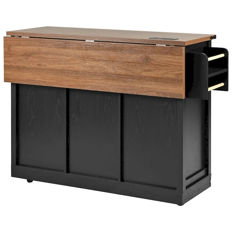 K&K Farmhouse Kitchen Island with Power Outlet, 2 Sliding Barn Door Kitchen Storage Island with Drop Leaf and Spice Rack