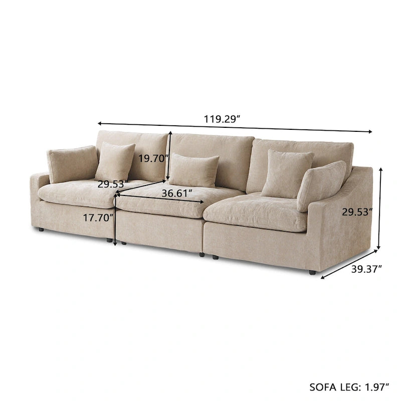 Modern Comfy Linen Sectional Sofa 3-Seater Down Filled Cloud Couch