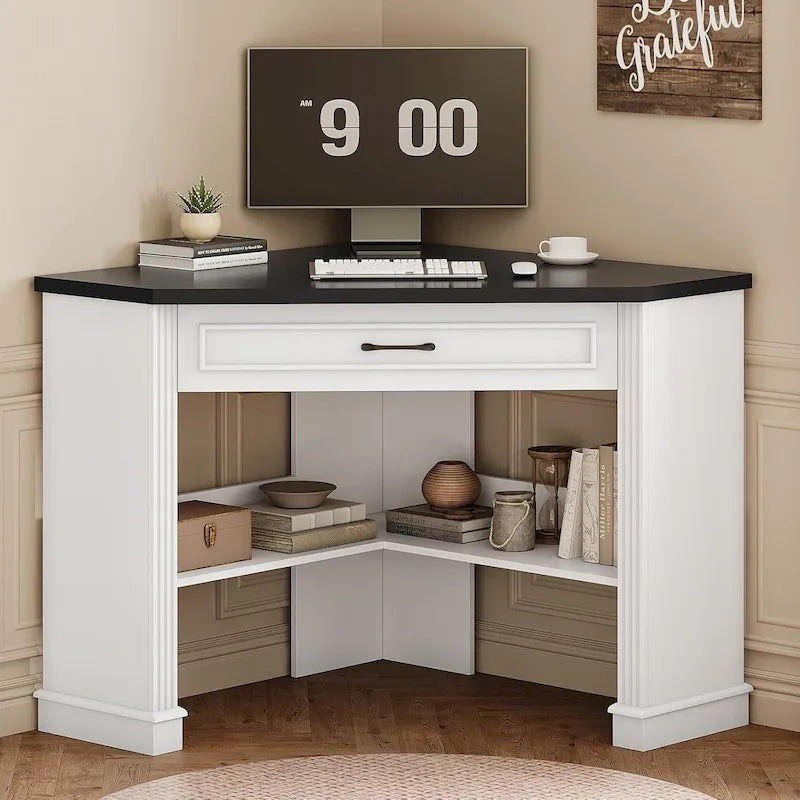 Small Corner Desk Triangle Computer Desk Drawer Storage Shelves