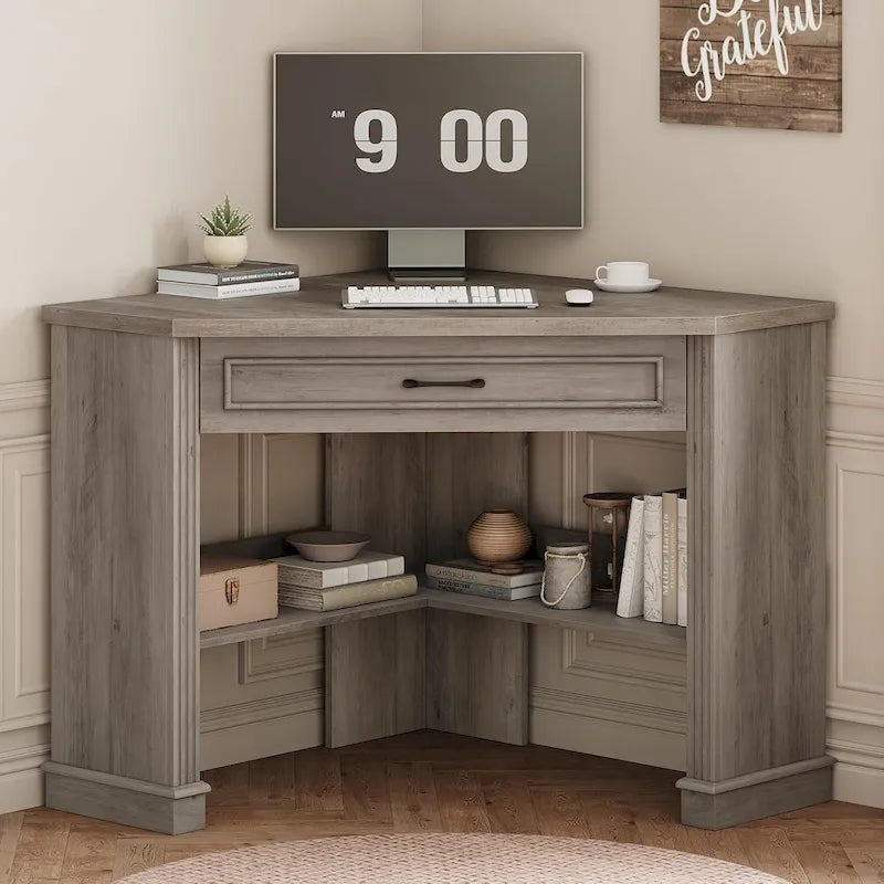 Small Corner Desk Triangle Computer Desk Drawer Storage Shelves