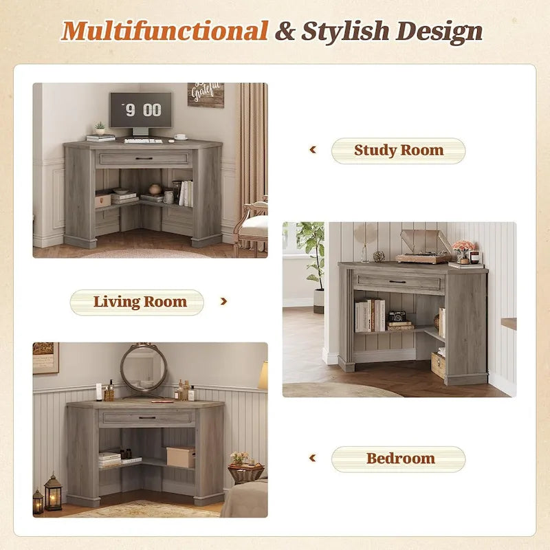 Small Corner Desk Triangle Computer Desk Drawer Storage Shelves