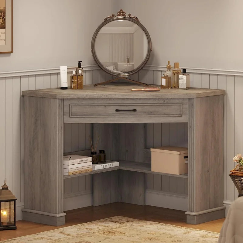 Small Corner Desk Triangle Computer Desk Drawer Storage Shelves