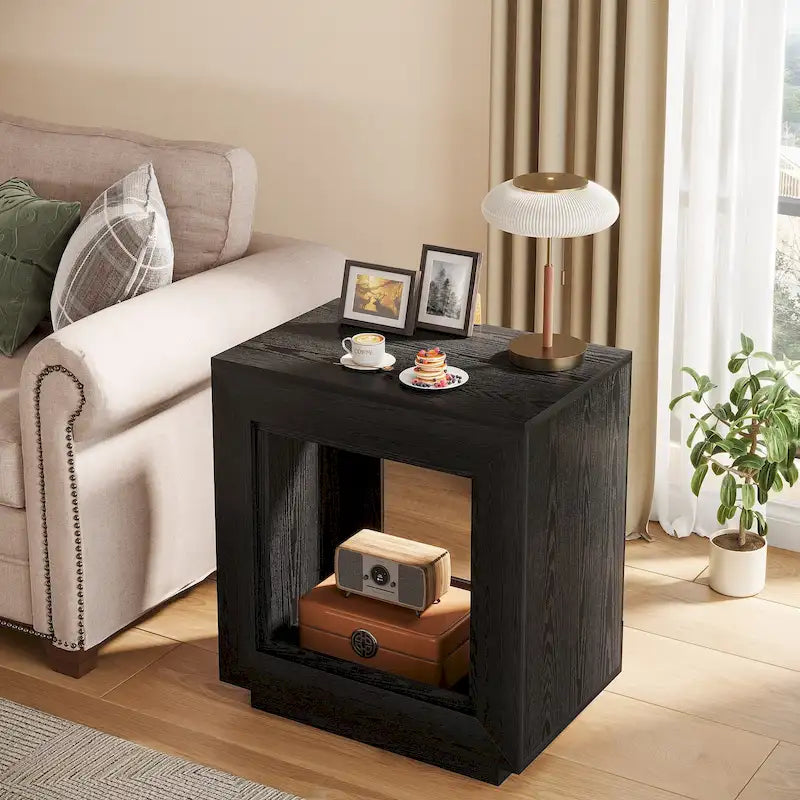 Wood End Table with Storage, Walnut Nightstands for Living Room, Bedroom
