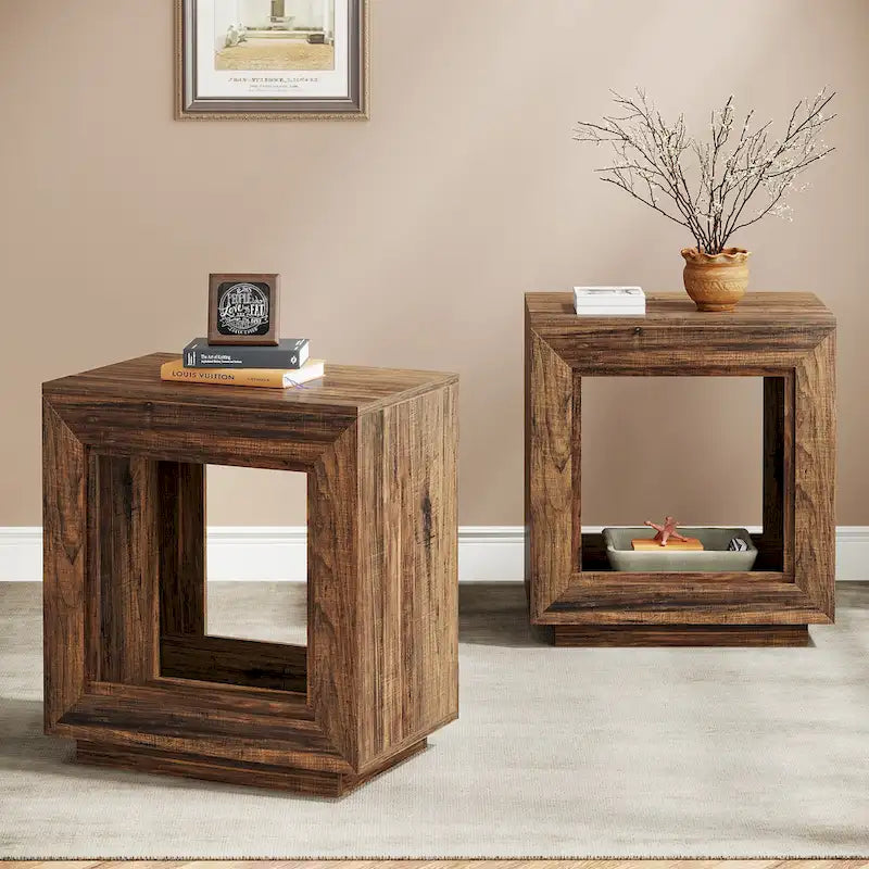 Wood End Table with Storage, Walnut Nightstands for Living Room, Bedroom