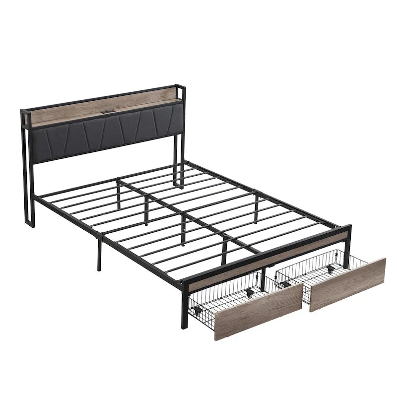 Full Size Metal Platform Bed with Drawers and Storage Headboard