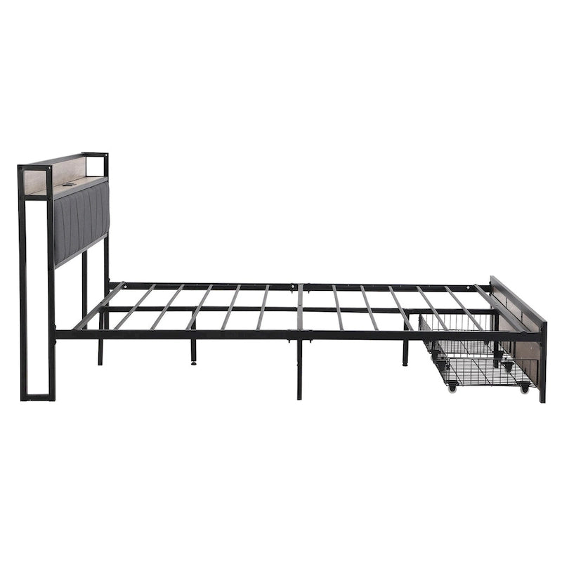 Full Size Metal Platform Bed with Drawers and Storage Headboard