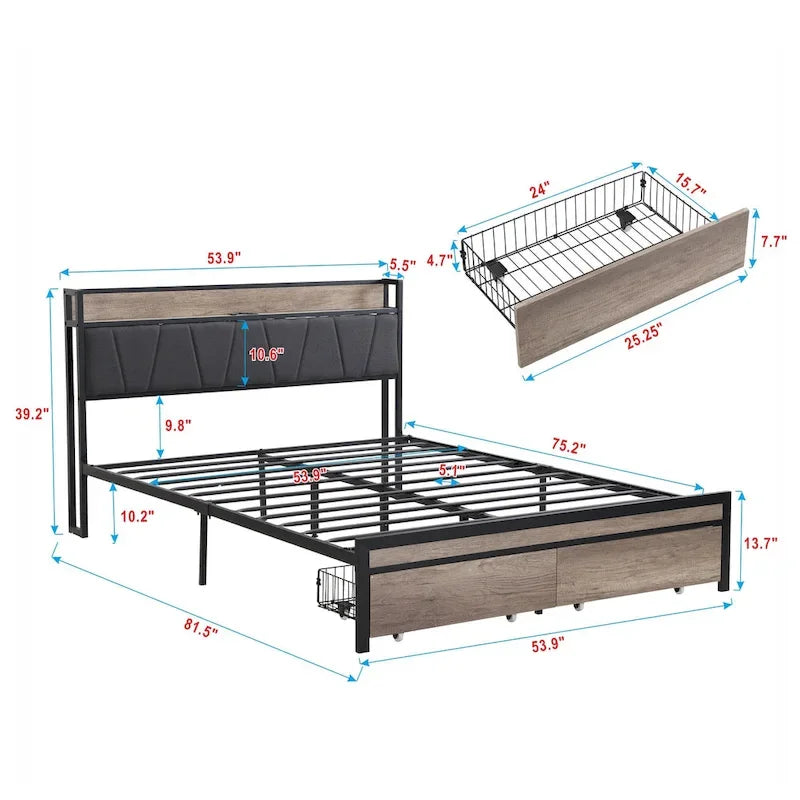 Full Size Metal Platform Bed with Drawers and Storage Headboard
