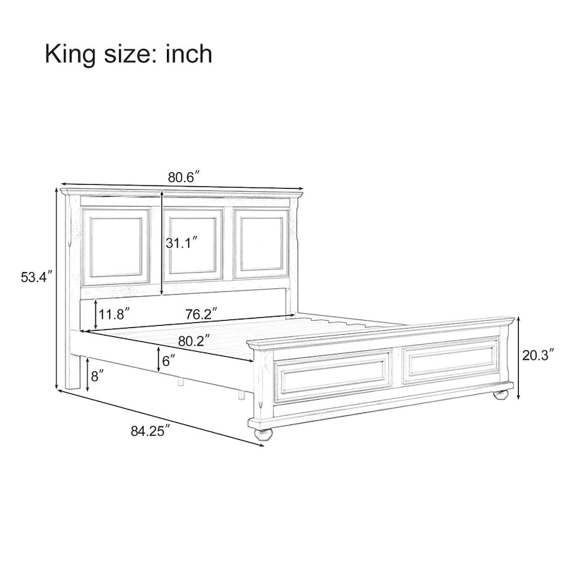 White King Size Traditional Pinewood Bed with Wooden Slats Support