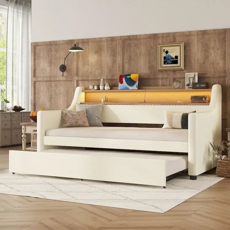 White Twin Size Upholstered Daybed with Trundle and LED
