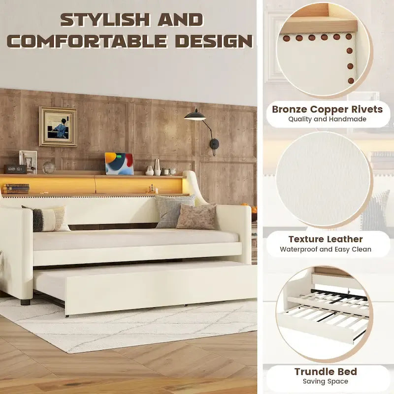White Twin Size Upholstered Daybed with Trundle and LED