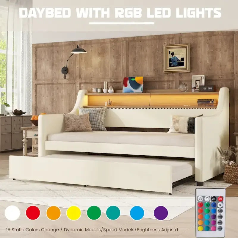 White Twin Size Upholstered Daybed with Trundle and LED