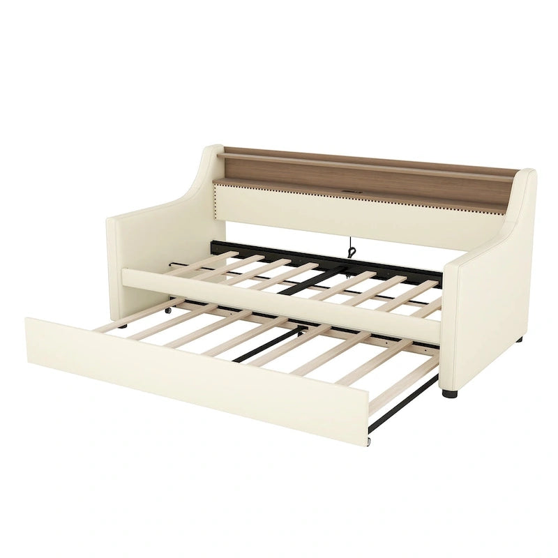 White Twin Size Upholstered Daybed with Trundle and LED