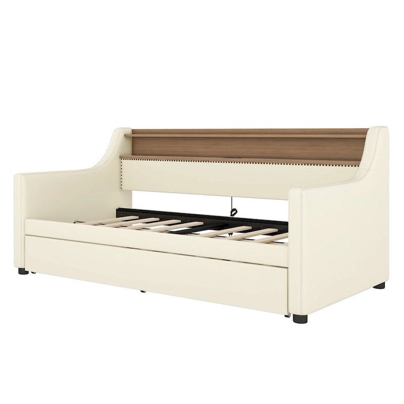 White Twin Size Upholstered Daybed with Trundle and LED