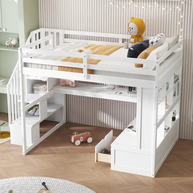 White Full Size Solid Wood Loft Bed with Desk, Shelves, and Storage Staircase