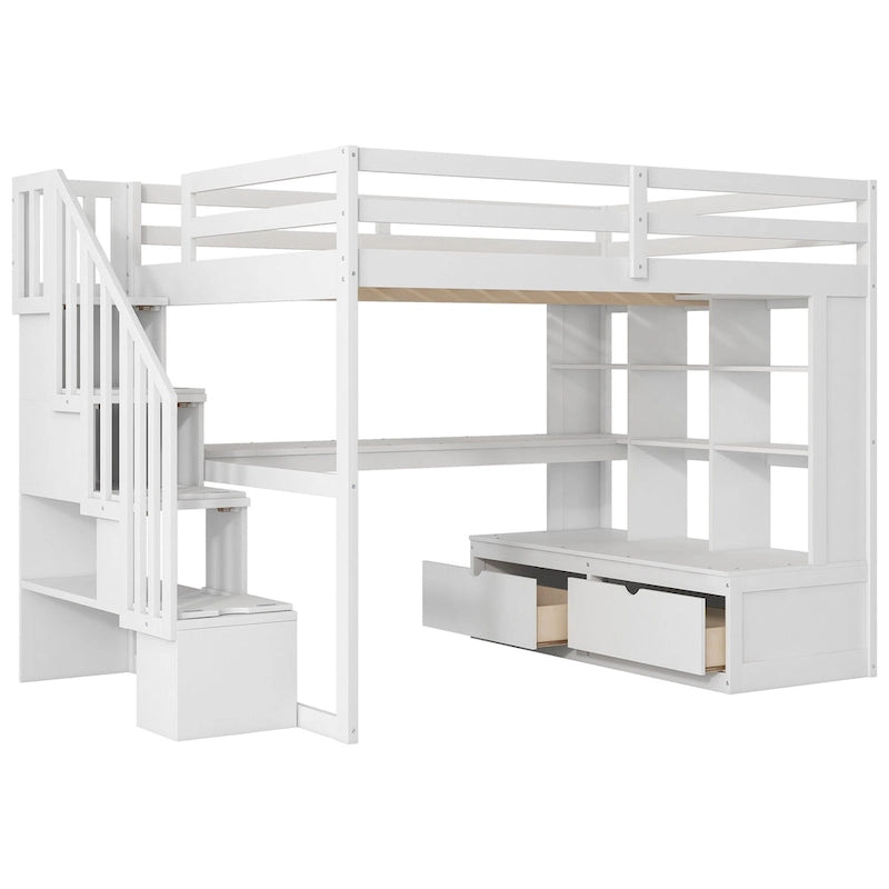 White Full Size Solid Wood Loft Bed with Desk, Shelves, and Storage Staircase