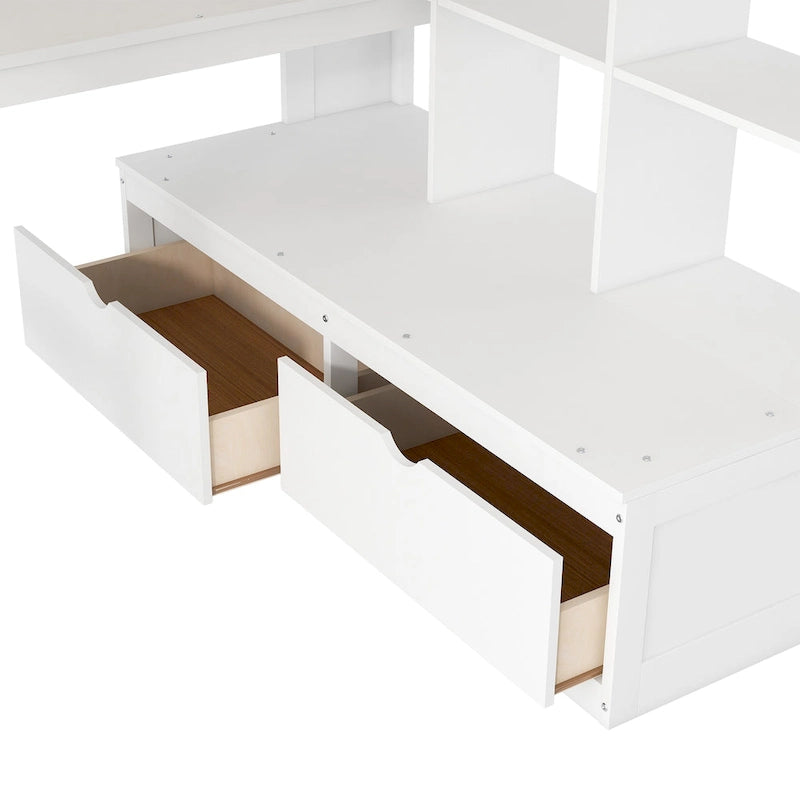 White Full Size Solid Wood Loft Bed with Desk, Shelves, and Storage Staircase