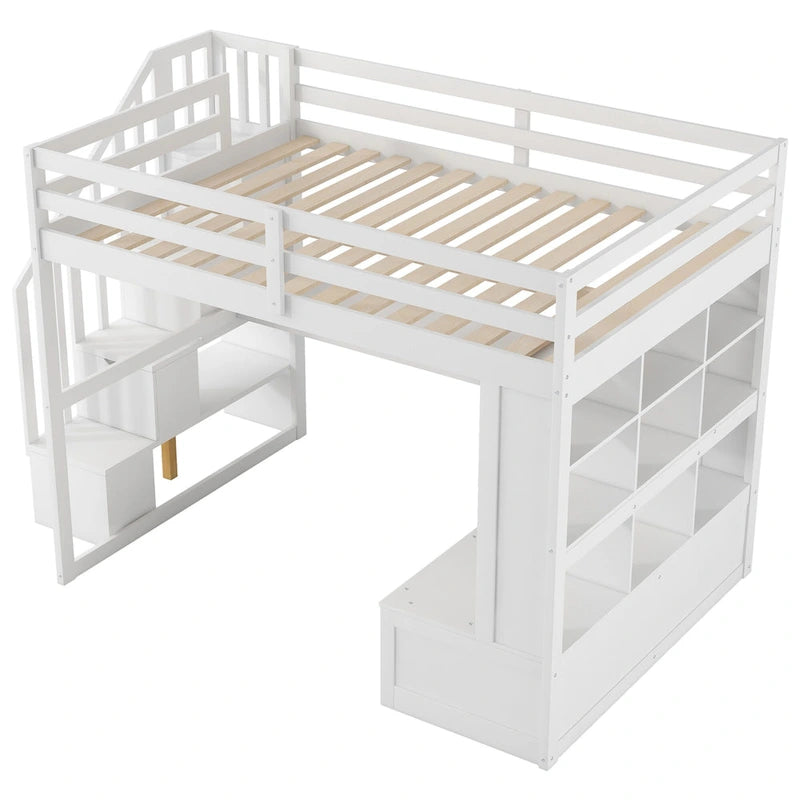 White Full Size Solid Wood Loft Bed with Desk, Shelves, and Storage Staircase