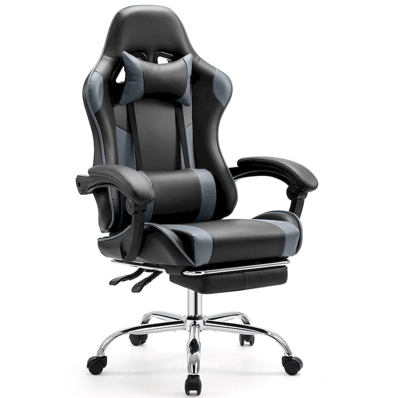 Black+ Gray Ergonomic PU Leather 360 Swivel Gaming Recliner with Footrest, Headrest, Lumbar Support, Adjustable Height