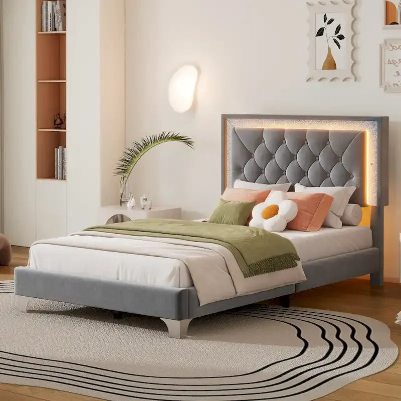 Grey Twin Velvet Bed with LED Lights & Tufted Headboard