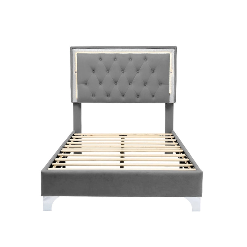 Grey Twin Velvet Bed with LED Lights & Tufted Headboard