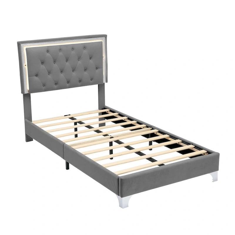 Grey Twin Velvet Bed with LED Lights & Tufted Headboard