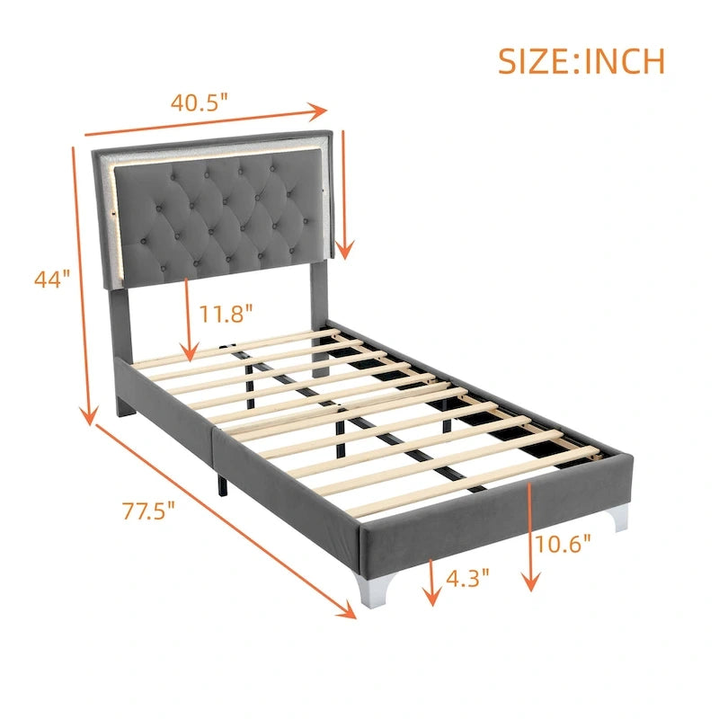 Grey Twin Velvet Bed with LED Lights & Tufted Headboard