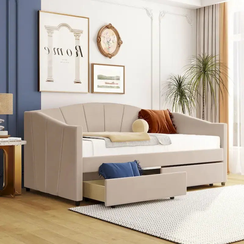 Twin Velvet Daybed with Drawers & Wood Slats