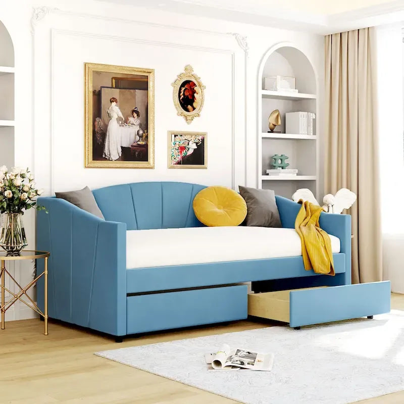 Twin Velvet Daybed with Drawers & Wood Slats
