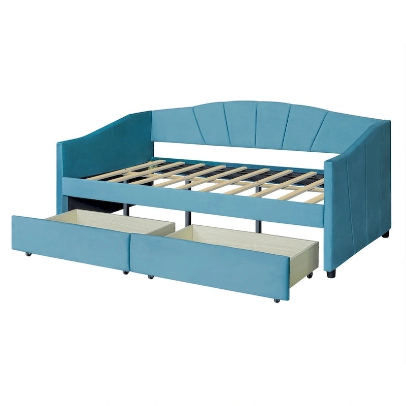 Twin Velvet Daybed with Drawers & Wood Slats