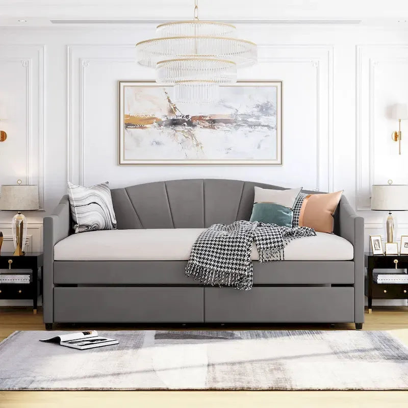 Twin Velvet Daybed with Drawers & Wood Slats