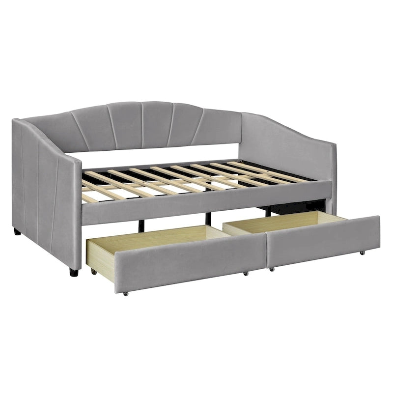 Twin Velvet Daybed with Drawers & Wood Slats