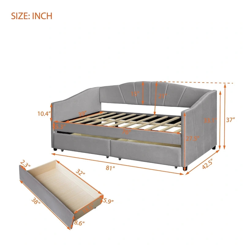 Twin Velvet Daybed with Drawers & Wood Slats