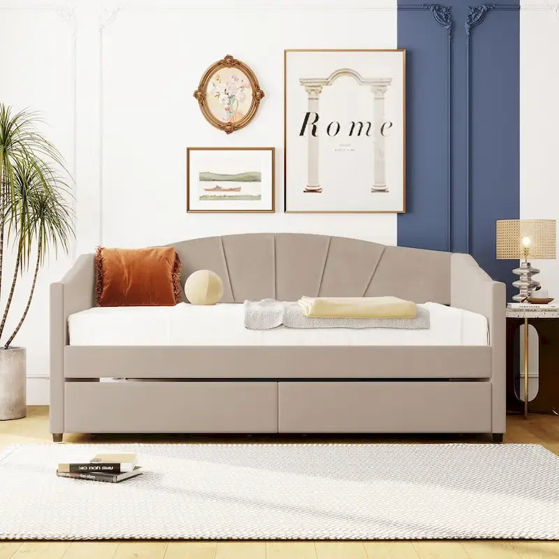 Twin Velvet Daybed with Drawers & Wood Slats