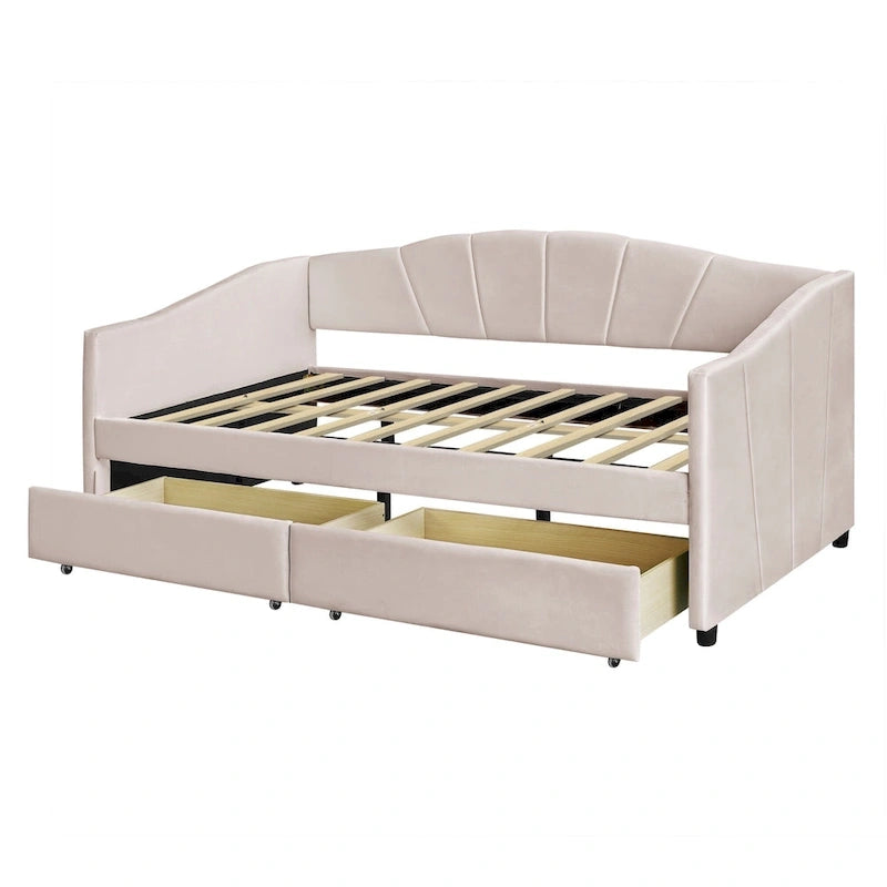 Twin Velvet Daybed with Drawers & Wood Slats