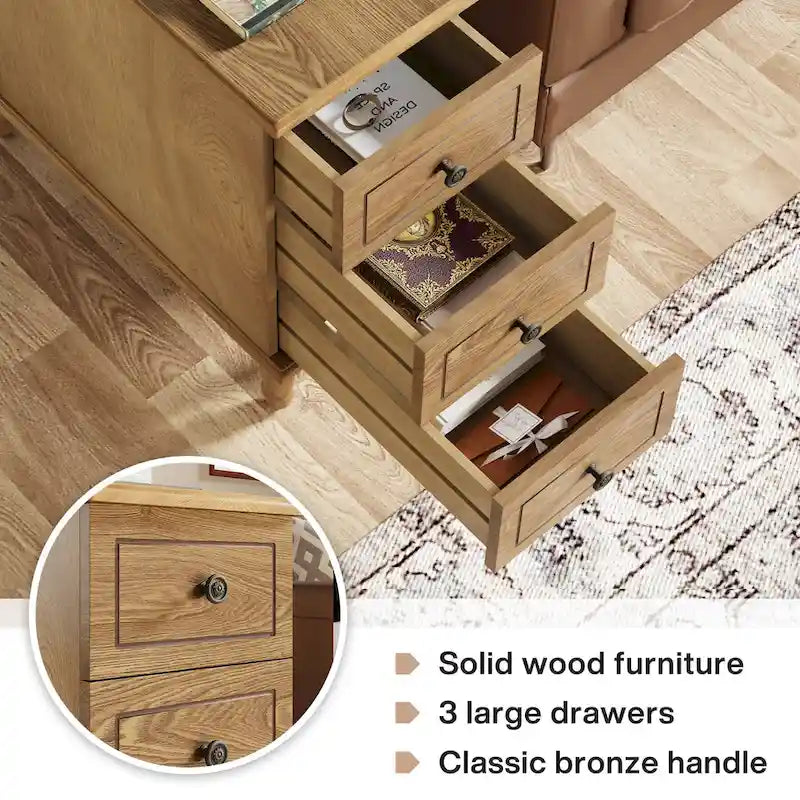 Wood End Table, Fully Assembled Narrow Side Table with 3 Drawers