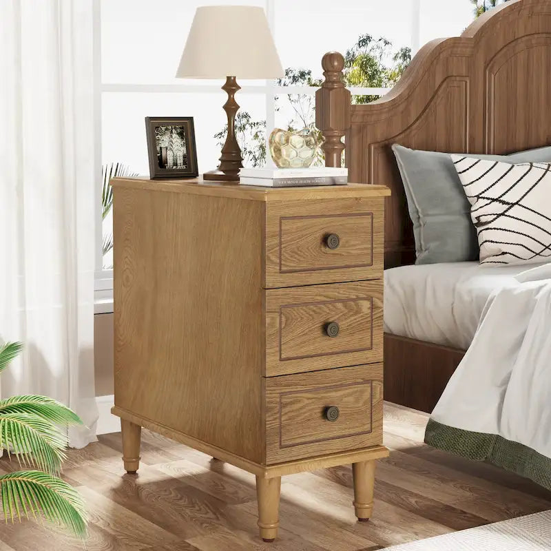 Wood End Table, Fully Assembled Narrow Side Table with 3 Drawers