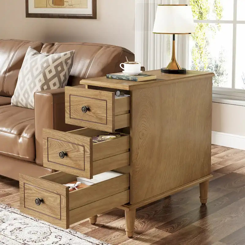 Wood End Table, Fully Assembled Narrow Side Table with 3 Drawers