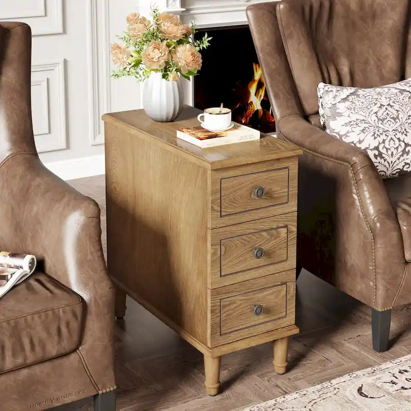 Wood End Table, Fully Assembled Narrow Side Table with 3 Drawers