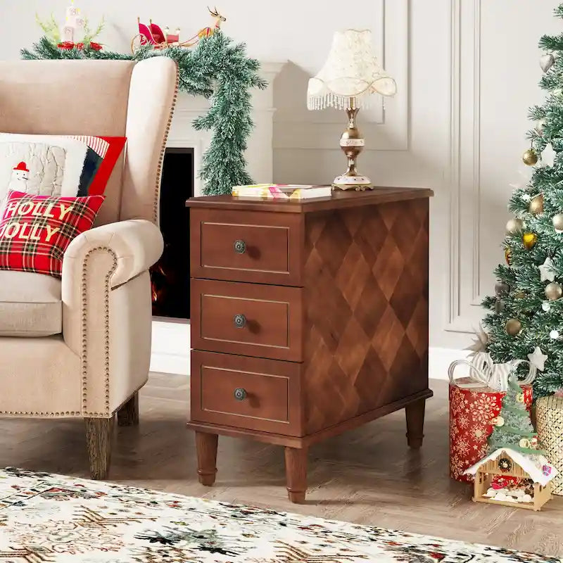Wood End Table, Fully Assembled Narrow Side Table with 3 Drawers