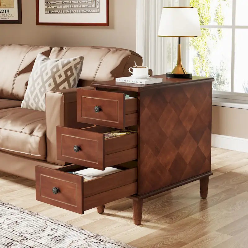 Wood End Table, Fully Assembled Narrow Side Table with 3 Drawers