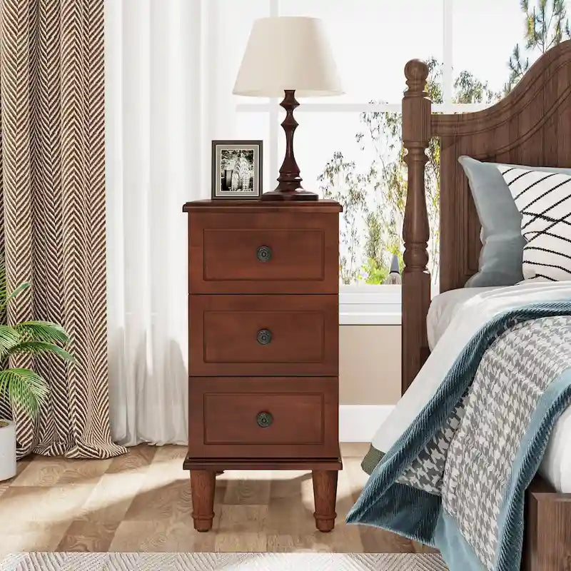 Wood End Table, Fully Assembled Narrow Side Table with 3 Drawers