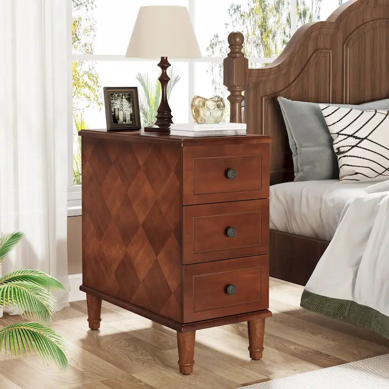 Wood End Table, Fully Assembled Narrow Side Table with 3 Drawers