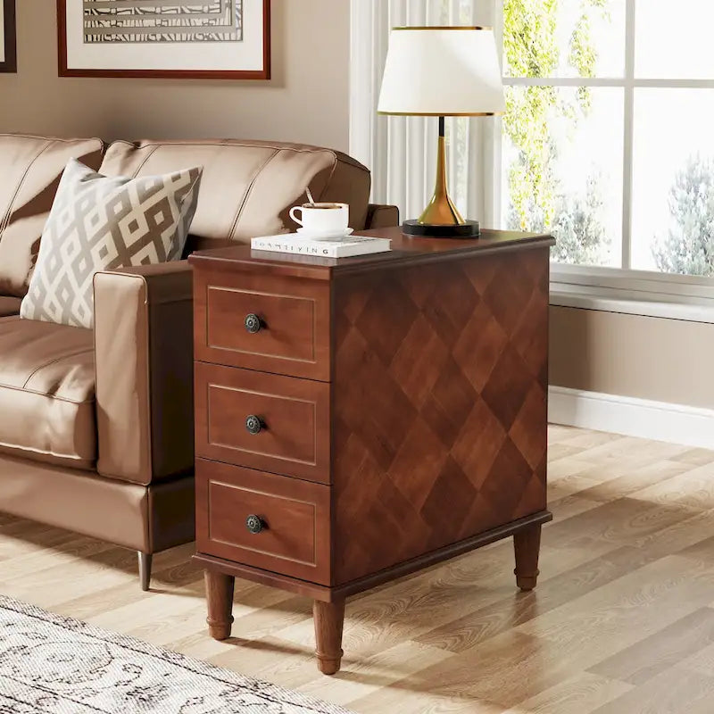 Wood End Table, Fully Assembled Narrow Side Table with 3 Drawers