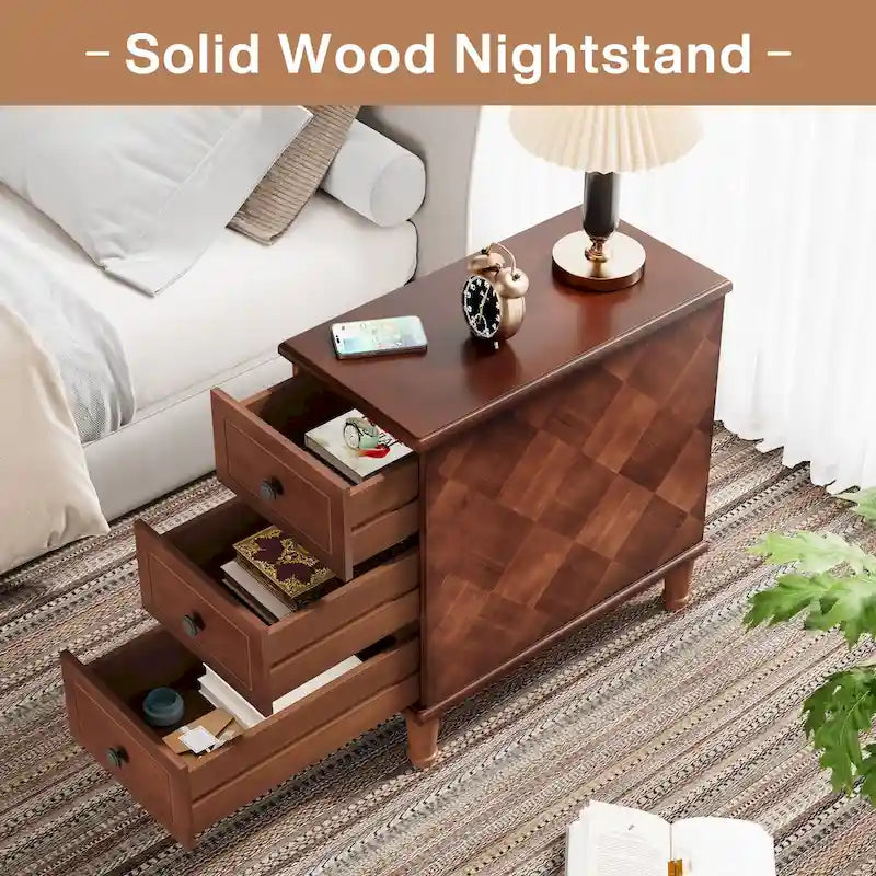 Wood End Table, Fully Assembled Narrow Side Table with 3 Drawers